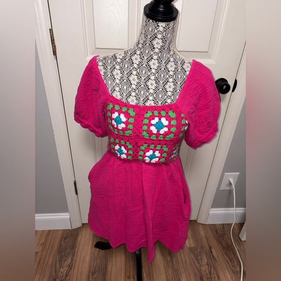 Jodifl pink crochet mini square gauze smocked‎ bodice mini dress puff sleeve L - Picture 2 of 4